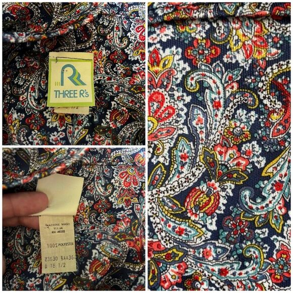 Vintage 70s Long Sleeve Shirt Dress Button Front Tie Waist Size XL‎ Blue Paisley - Picture 6 of 9